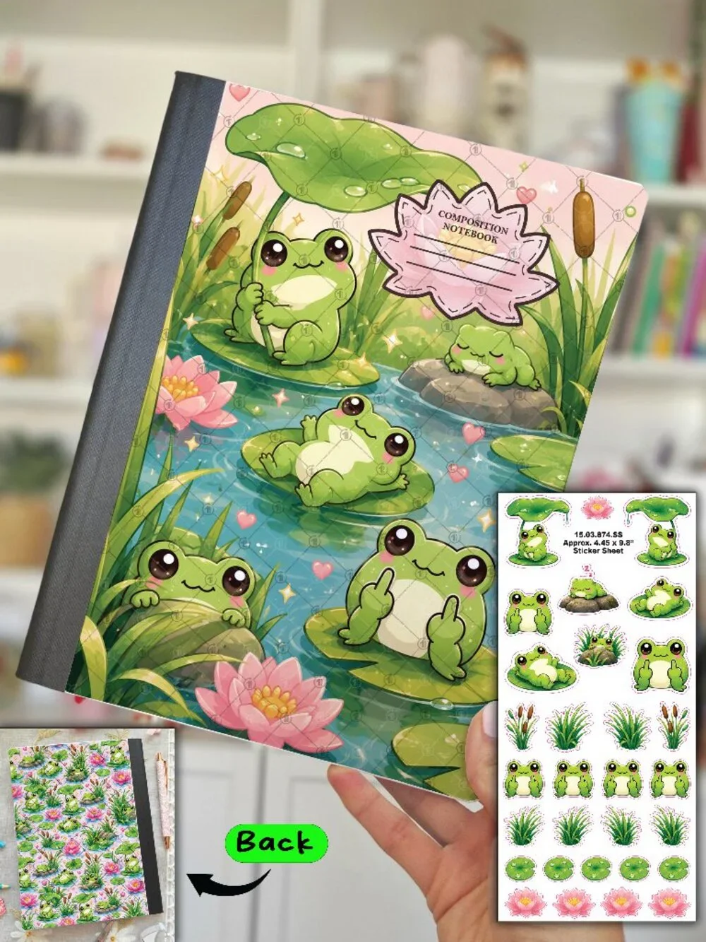 2/$20 💥🆕 Cute Kawaii Frogs | Composition Notebook & Sticker Sheet | 15.03.874